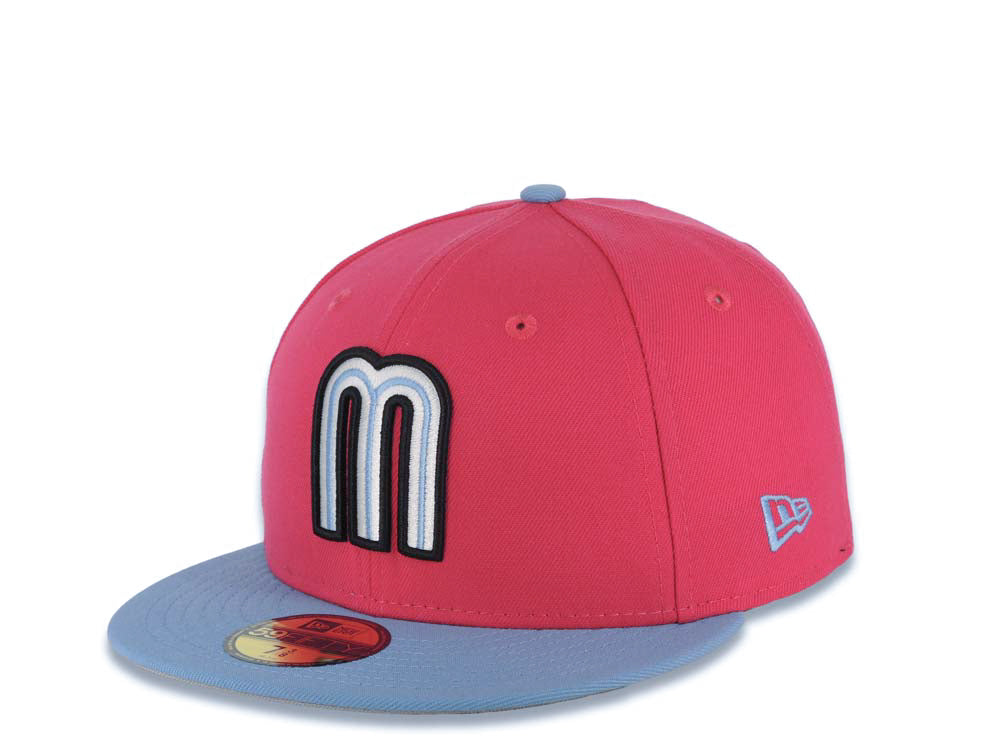 Mexico New Era 59FIFTY 5950 Fitted Cap Hat Magenta Crown Sky Blue Visor White/Black/Sky Blue Logo Mexico Flag Side Patch Gray UV