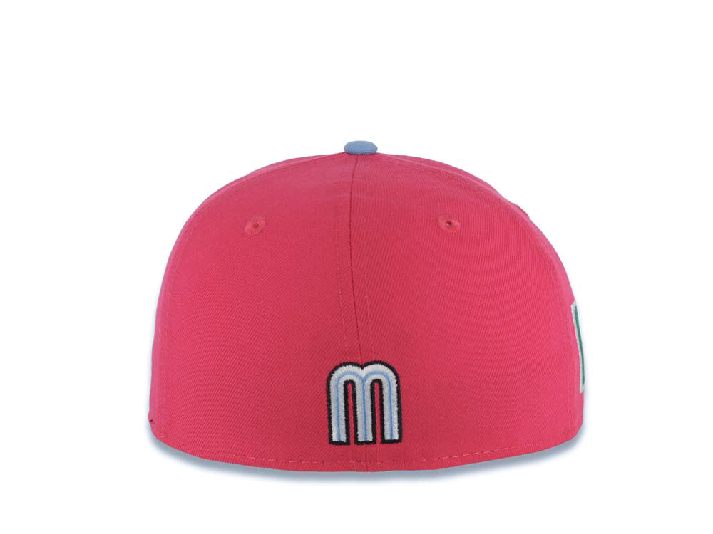 Mexico New Era 59FIFTY 5950 Fitted Cap Hat Magenta Crown Sky Blue Visor White/Black/Sky Blue Logo Mexico Flag Side Patch Gray UV