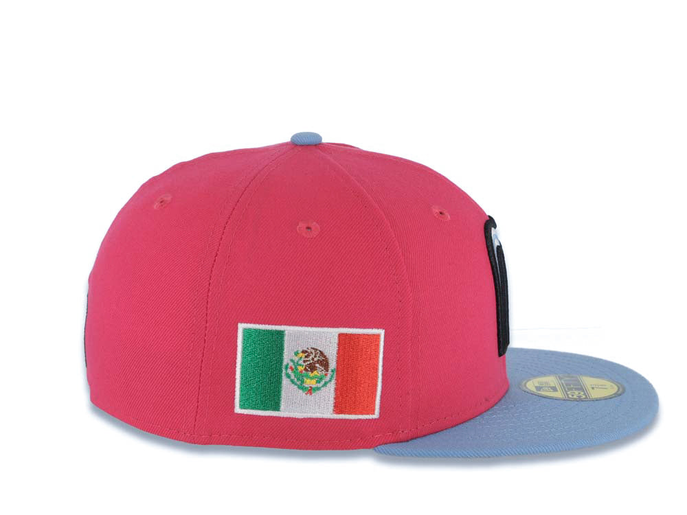 Mexico New Era 59FIFTY 5950 Fitted Cap Hat Magenta Crown Sky Blue Visor White/Black/Sky Blue Logo Mexico Flag Side Patch Gray UV