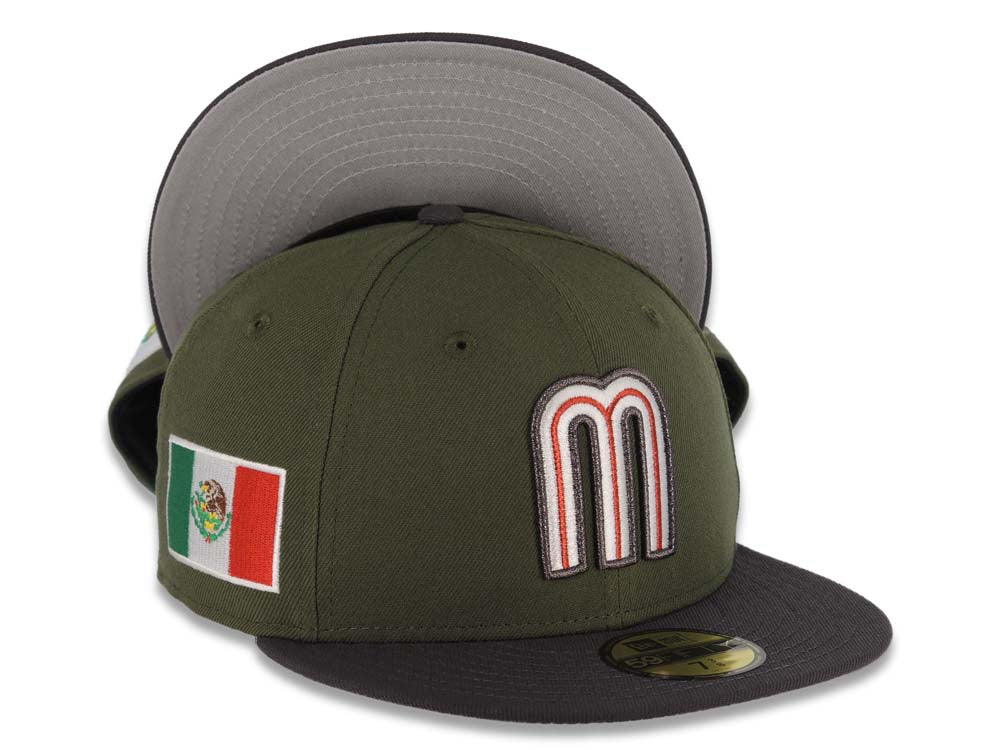 Mexico New Era WBC 59FIFTY 5950 Fitted Cap Hat Olive Green Crown Dark Gray Visor White/Metallic Black/Red Logo Mexico Flag Side Patch Gray UV