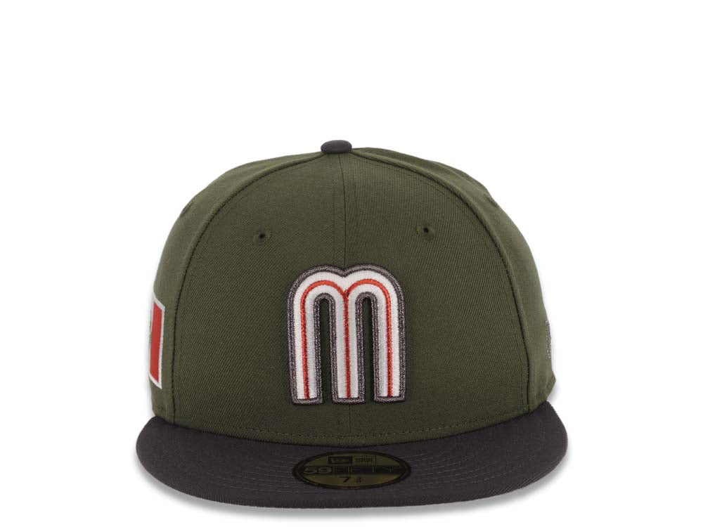 Mexico New Era WBC 59FIFTY 5950 Fitted Cap Hat Olive Green Crown Dark Gray Visor White/Metallic Black/Red Logo Mexico Flag Side Patch Gray UV