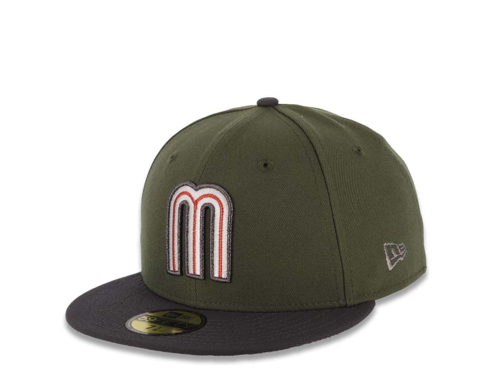 Mexico New Era WBC 59FIFTY 5950 Fitted Cap Hat Olive Green Crown Dark Gray Visor White/Metallic Black/Red Logo Mexico Flag Side Patch Gray UV
