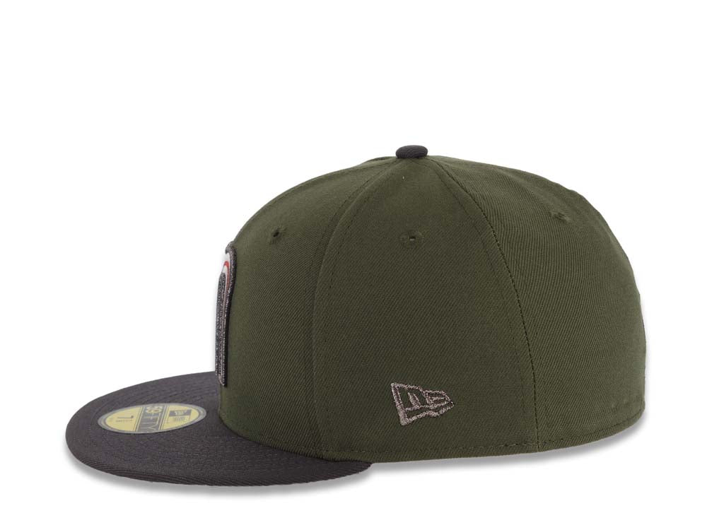 Mexico New Era WBC 59FIFTY 5950 Fitted Cap Hat Olive Green Crown Dark Gray Visor White/Metallic Black/Red Logo Mexico Flag Side Patch Gray UV