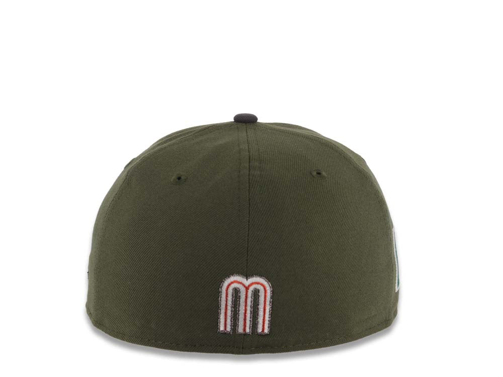 Mexico New Era WBC 59FIFTY 5950 Fitted Cap Hat Olive Green Crown Dark Gray Visor White/Metallic Black/Red Logo Mexico Flag Side Patch Gray UV