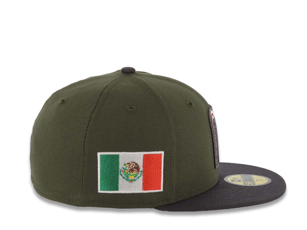 Mexico New Era WBC 59FIFTY 5950 Fitted Cap Hat Olive Green Crown Dark Gray Visor White/Metallic Black/Red Logo Mexico Flag Side Patch Gray UV