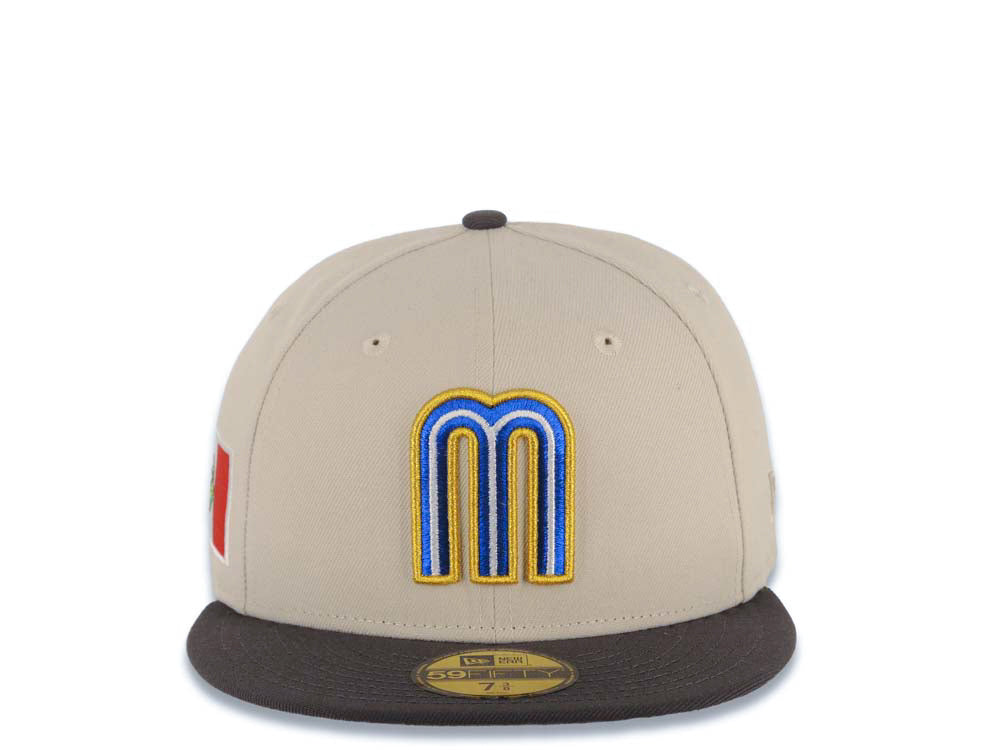 Mexico New Era 59FIFTY 5950 Fitted Cap Hat Stone Crown Dark Gray Visor White/Metallic Royal Blue/Metallic Gold Logo Mexico Flag Side Patch Gray UV