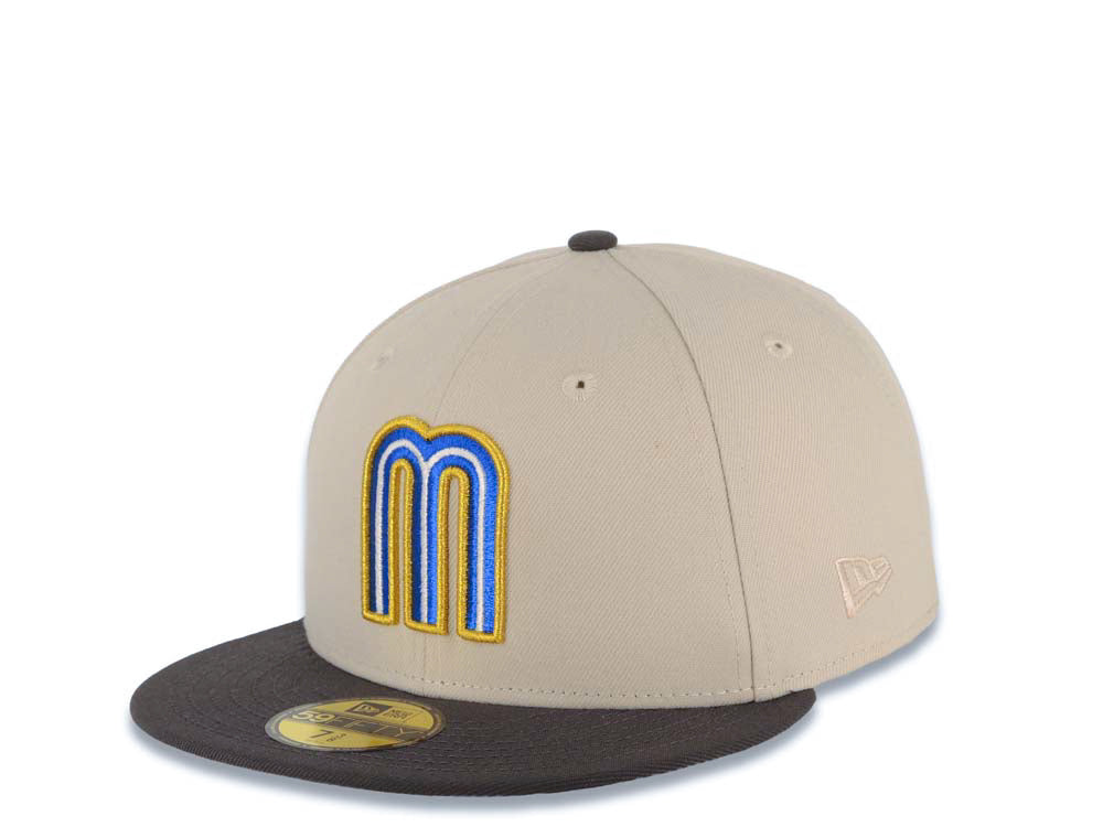 Mexico New Era 59FIFTY 5950 Fitted Cap Hat Stone Crown Dark Gray Visor White/Metallic Royal Blue/Metallic Gold Logo Mexico Flag Side Patch Gray UV