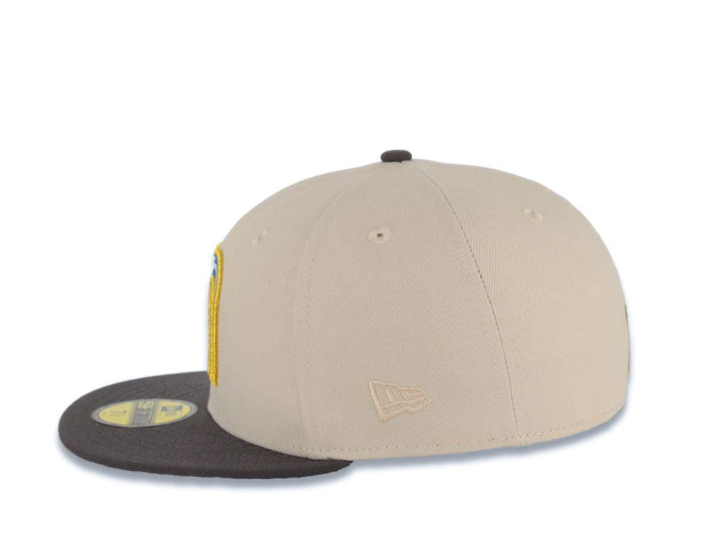 Mexico New Era 59FIFTY 5950 Fitted Cap Hat Stone Crown Dark Gray Visor White/Metallic Royal Blue/Metallic Gold Logo Mexico Flag Side Patch Gray UV