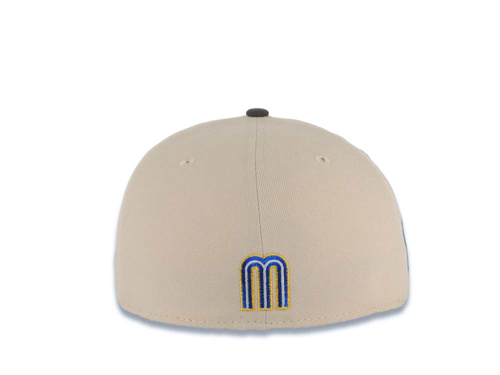 Mexico New Era 59FIFTY 5950 Fitted Cap Hat Stone Crown Dark Gray Visor White/Metallic Royal Blue/Metallic Gold Logo Mexico Flag Side Patch Gray UV