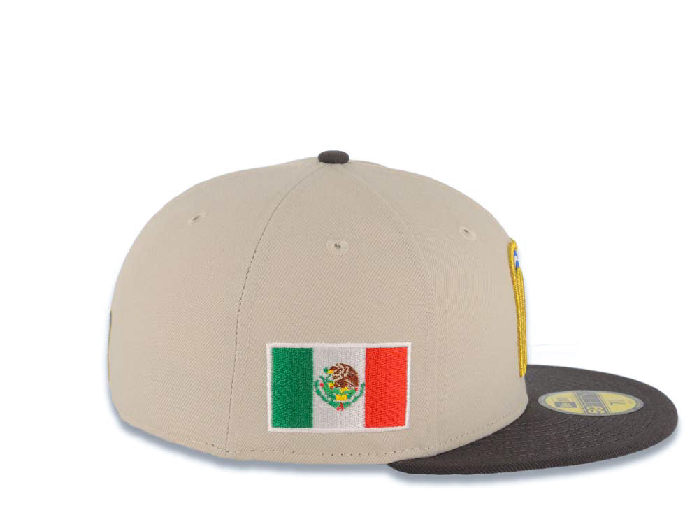 Mexico New Era 59FIFTY 5950 Fitted Cap Hat Stone Crown Dark Gray Visor White/Metallic Royal Blue/Metallic Gold Logo Mexico Flag Side Patch Gray UV