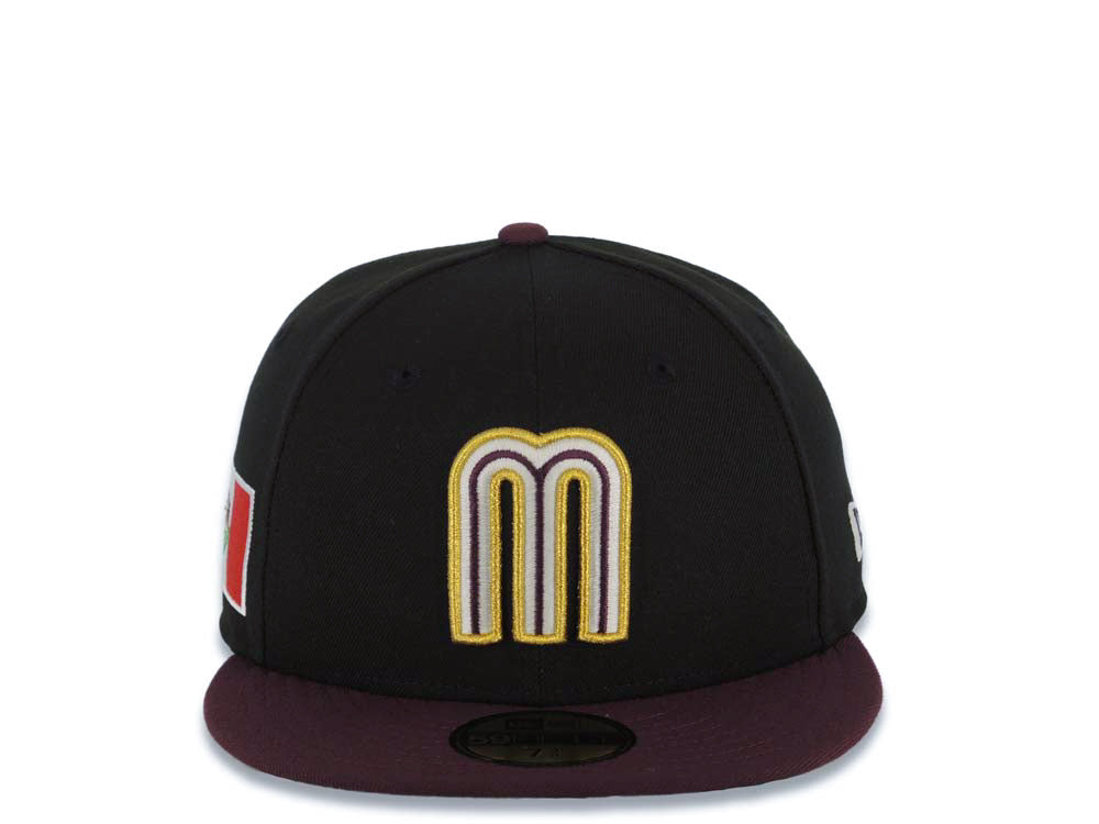 Mexico New Era WBC 59FIFTY 5950 Fitted Cap Hat Black Crown Maroon Visor Glow White/Metallic Gold/Maroon Logo Mexico Flag Side Patch Green UV