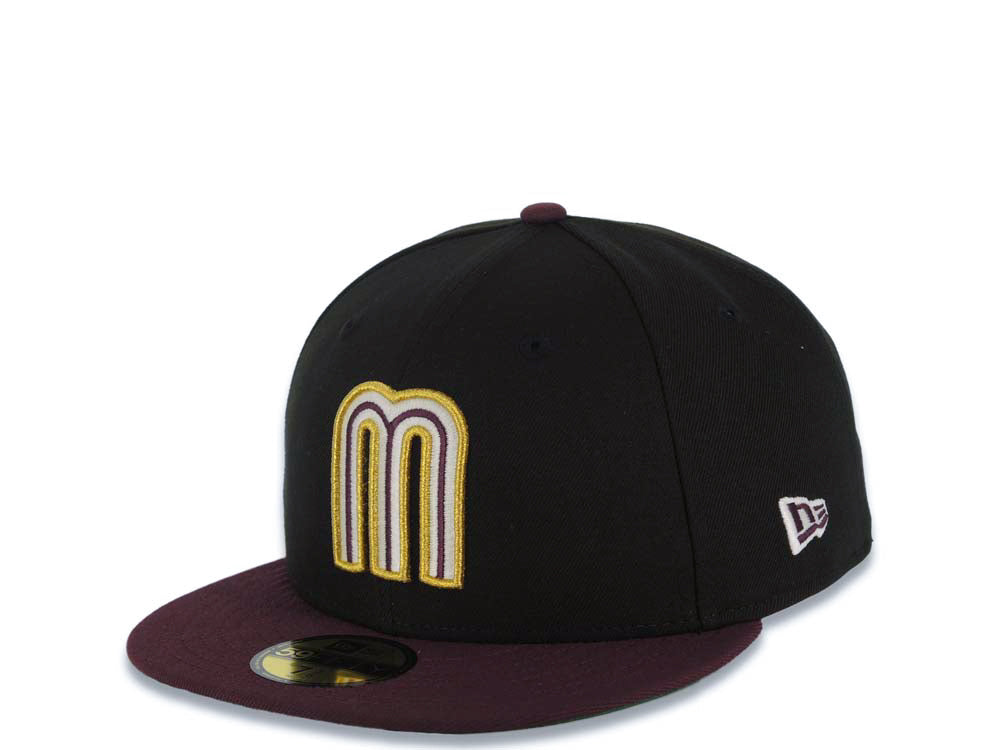 Mexico New Era WBC 59FIFTY 5950 Fitted Cap Hat Black Crown Maroon Visor Glow White/Metallic Gold/Maroon Logo Mexico Flag Side Patch Green UV