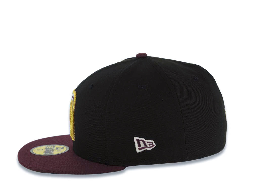 Mexico New Era WBC 59FIFTY 5950 Fitted Cap Hat Black Crown Maroon Visor Glow White/Metallic Gold/Maroon Logo Mexico Flag Side Patch Green UV