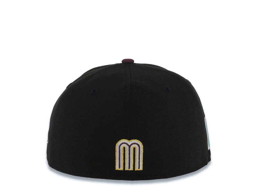 Mexico New Era WBC 59FIFTY 5950 Fitted Cap Hat Black Crown Maroon Visor Glow White/Metallic Gold/Maroon Logo Mexico Flag Side Patch Green UV