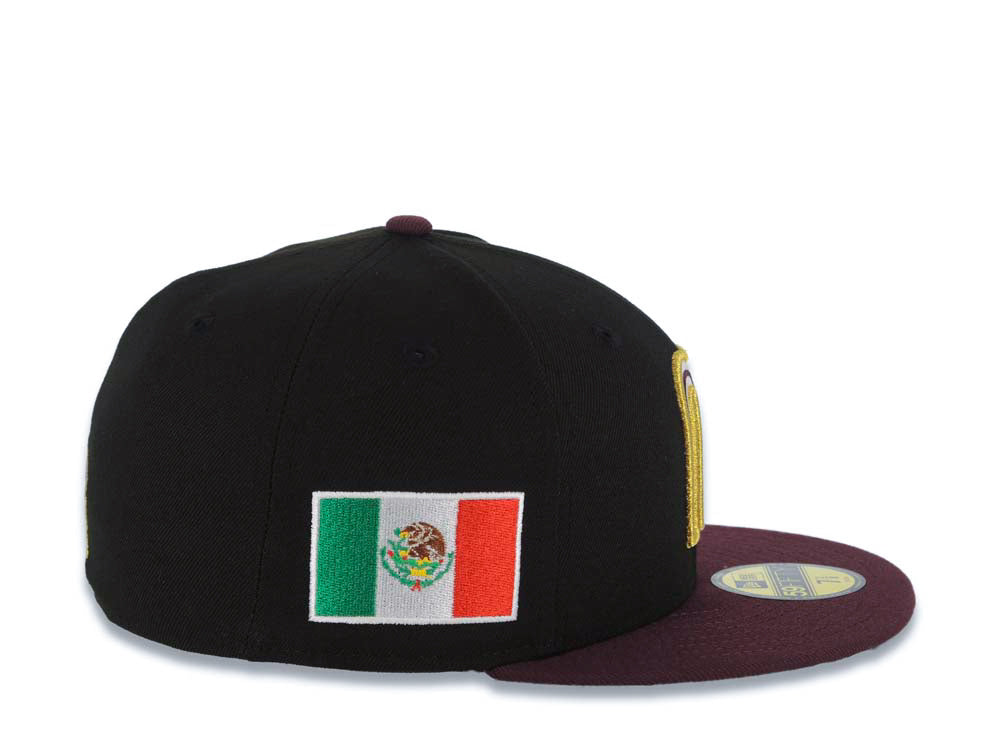 Mexico New Era WBC 59FIFTY 5950 Fitted Cap Hat Black Crown Maroon Visor Glow White/Metallic Gold/Maroon Logo Mexico Flag Side Patch Green UV