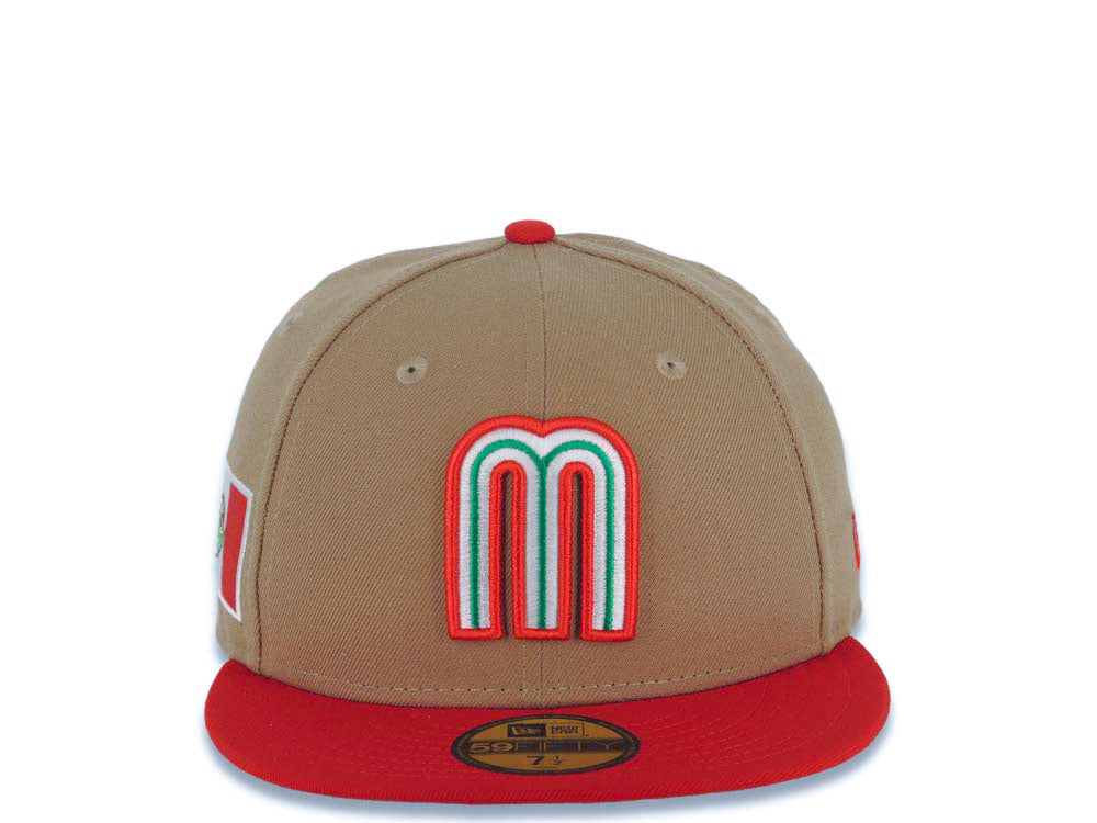 Mexico New Era WBC World Baseball Classic 59FIFTY 5950 Fitted Cap Hat Khaki Crown Red Visor White/Red/Green Logo Mexico Flag Side Patch Gray UV