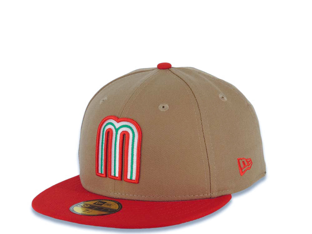 Mexico New Era WBC World Baseball Classic 59FIFTY 5950 Fitted Cap Hat Khaki Crown Red Visor White/Red/Green Logo Mexico Flag Side Patch Gray UV