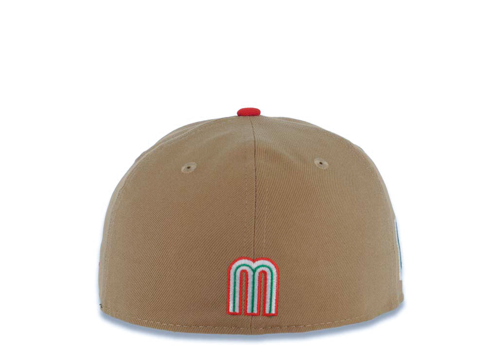 Mexico New Era WBC World Baseball Classic 59FIFTY 5950 Fitted Cap Hat Khaki Crown Red Visor White/Red/Green Logo Mexico Flag Side Patch Gray UV