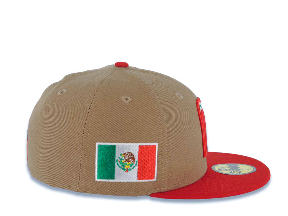 Mexico New Era WBC World Baseball Classic 59FIFTY 5950 Fitted Cap Hat Khaki Crown Red Visor White/Red/Green Logo Mexico Flag Side Patch Gray UV