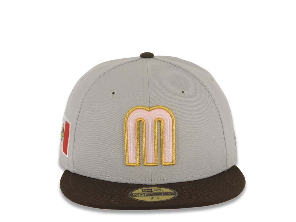 Mexico New Era WBC 59FIFTY 5950 Fitted Cap Hat Gray Crown Brown Visor Pink/Metallic Gold/Glow White Logo Mexico Flag Side Patch Pink UV