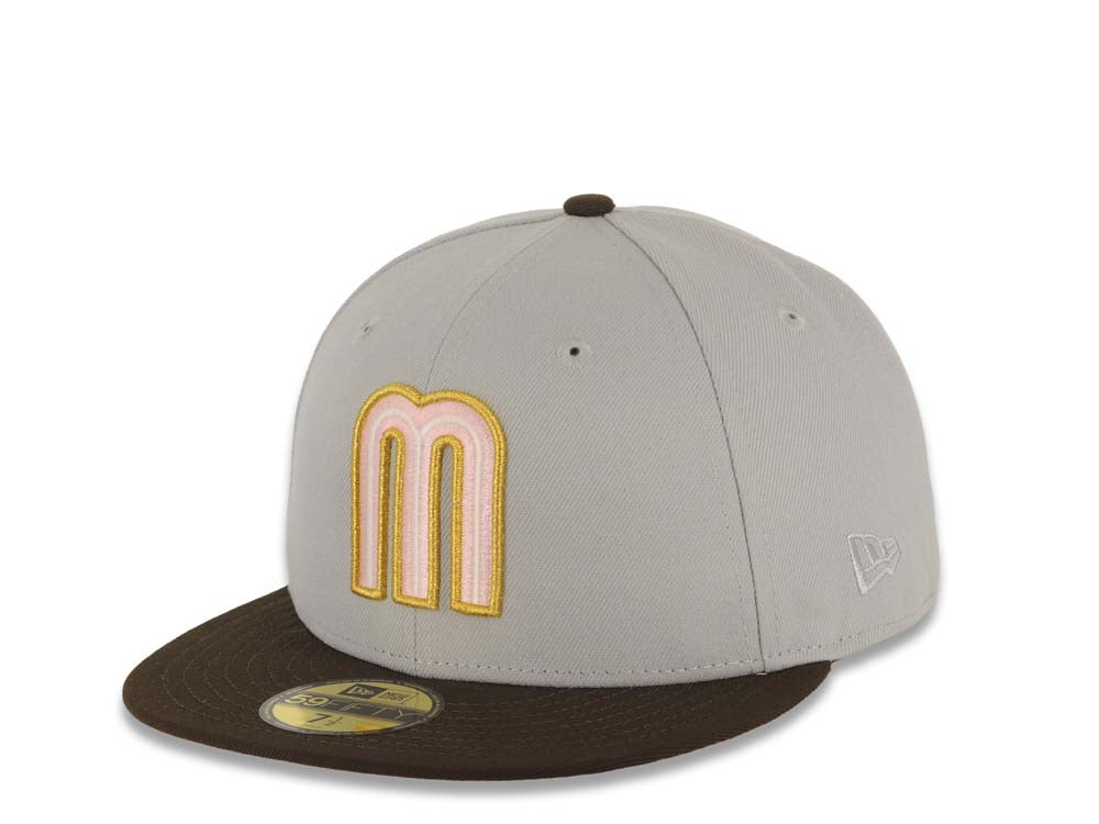 Mexico New Era WBC 59FIFTY 5950 Fitted Cap Hat Gray Crown Brown Visor Pink/Metallic Gold/Glow White Logo Mexico Flag Side Patch Pink UV