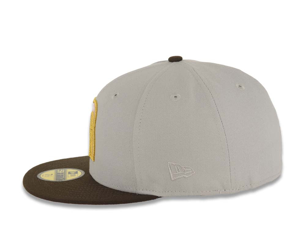 Mexico New Era WBC 59FIFTY 5950 Fitted Cap Hat Gray Crown Brown Visor Pink/Metallic Gold/Glow White Logo Mexico Flag Side Patch Pink UV