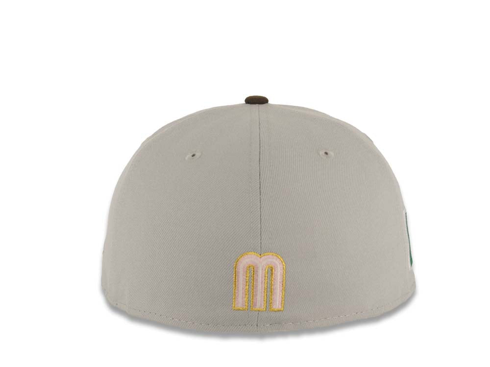 Mexico New Era WBC 59FIFTY 5950 Fitted Cap Hat Gray Crown Brown Visor Pink/Metallic Gold/Glow White Logo Mexico Flag Side Patch Pink UV