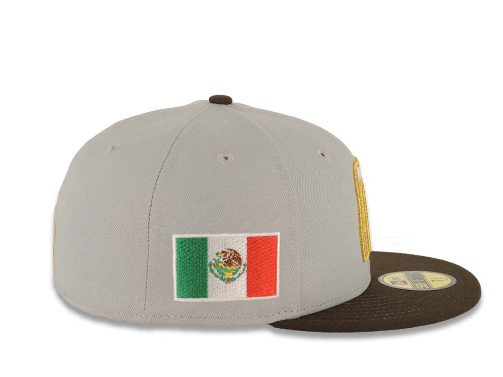 Mexico New Era WBC 59FIFTY 5950 Fitted Cap Hat Gray Crown Brown Visor Pink/Metallic Gold/Glow White Logo Mexico Flag Side Patch Pink UV
