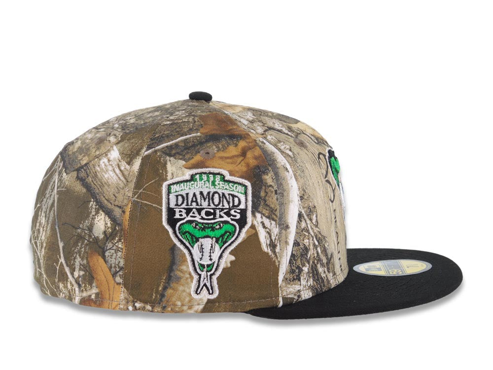 Arizona Diamondbacks New Era MLB 59FIFTY 5950 Fitted Cap Hat Real Tree Edge Camo Crown Black Visor Metallic Green/White Logo 1998 Inaugural Season Side Patch Gray UV