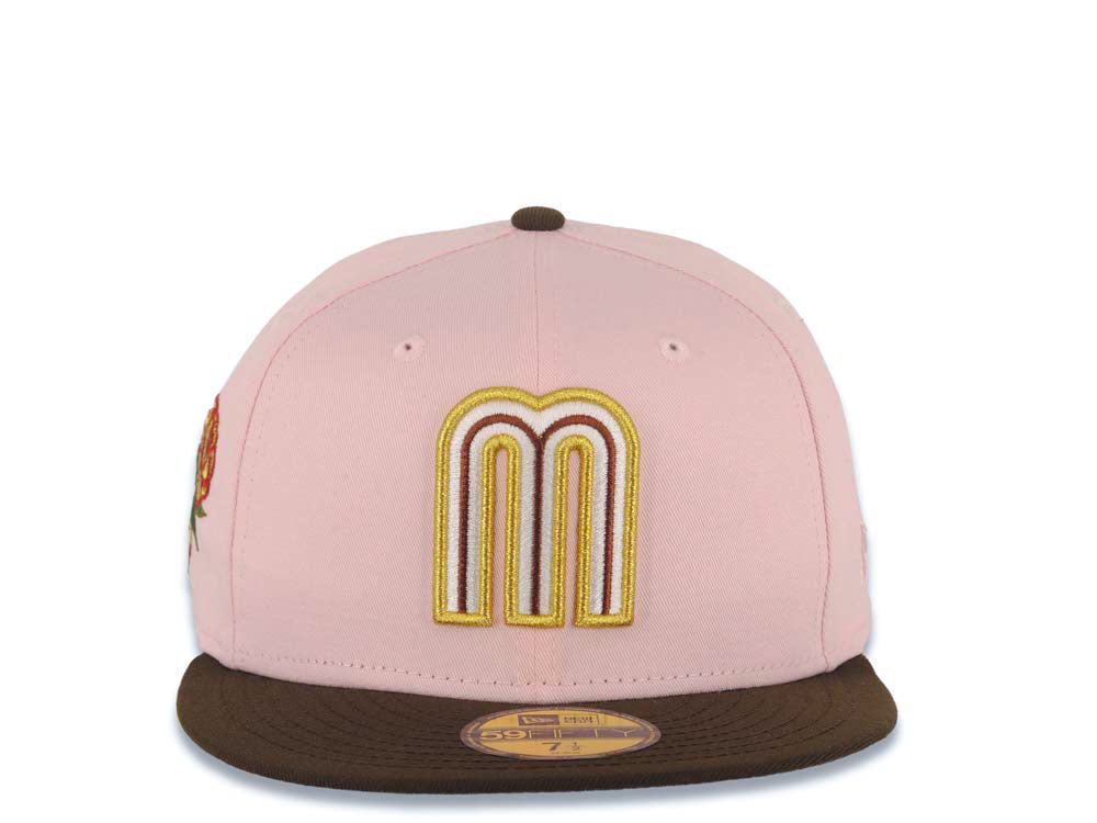 Mexico New Era WBC World Baseball Classic 59FIFTY 5950 Fitted Cap Hat Pink Crown Brown Visor White/Metallic Gold/Brown Logo Rose Side Patch Gray UV