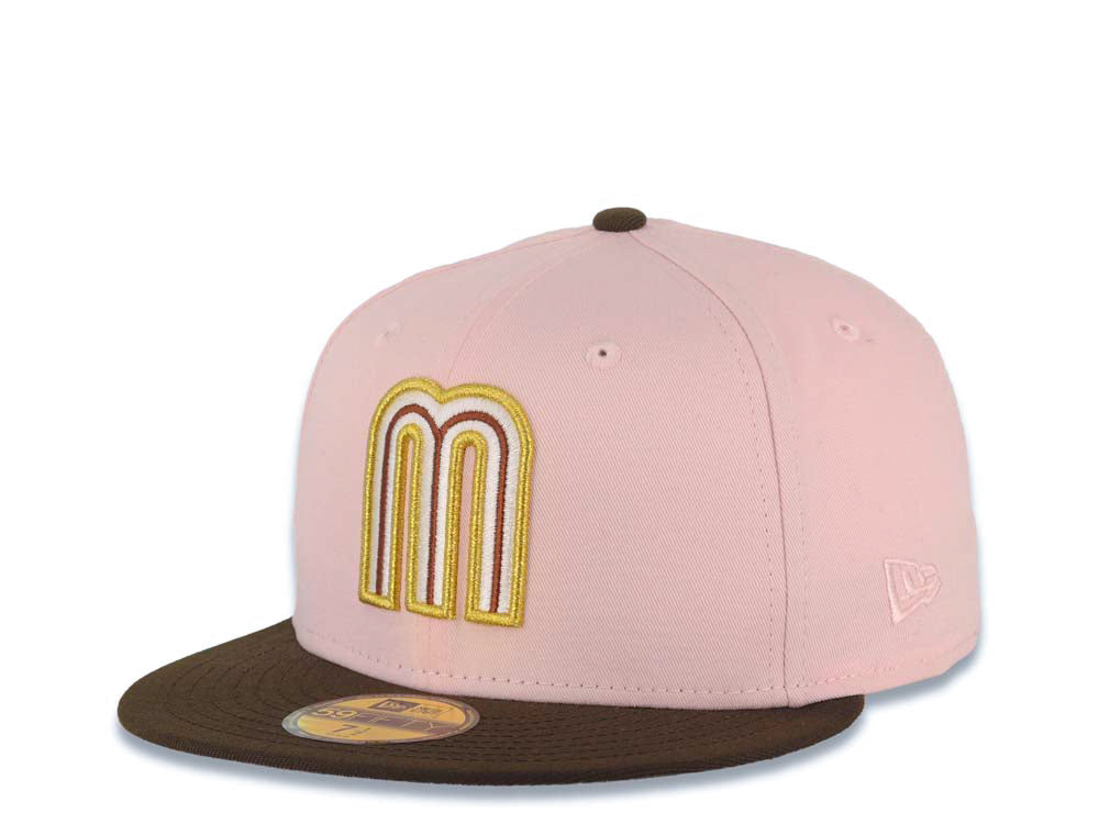 Mexico New Era WBC World Baseball Classic 59FIFTY 5950 Fitted Cap Hat Pink Crown Brown Visor White/Metallic Gold/Brown Logo Rose Side Patch Gray UV