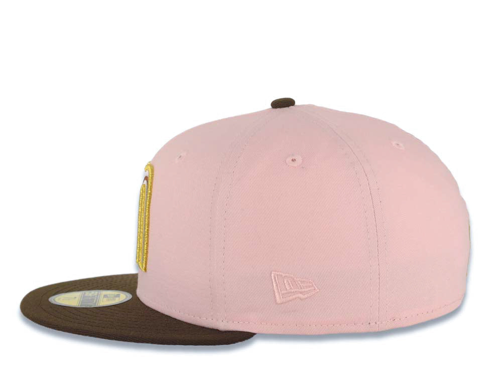 Mexico New Era WBC World Baseball Classic 59FIFTY 5950 Fitted Cap Hat Pink Crown Brown Visor White/Metallic Gold/Brown Logo Rose Side Patch Gray UV