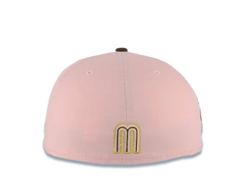 Mexico New Era WBC World Baseball Classic 59FIFTY 5950 Fitted Cap Hat Pink Crown Brown Visor White/Metallic Gold/Brown Logo Rose Side Patch Gray UV
