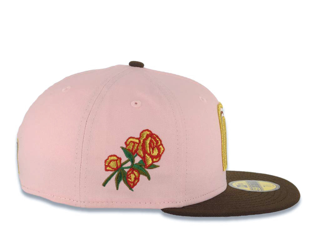 Mexico New Era WBC World Baseball Classic 59FIFTY 5950 Fitted Cap Hat Pink Crown Brown Visor White/Metallic Gold/Brown Logo Rose Side Patch Gray UV
