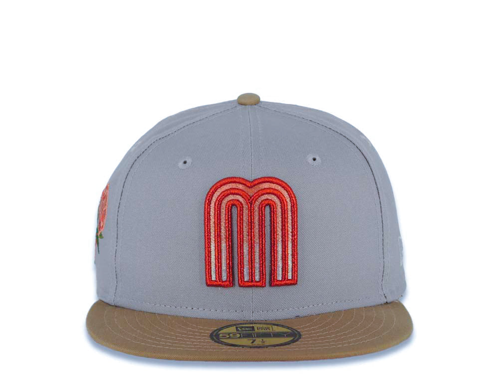 Mexico New Era WBC World Baseball Classic 59FIFTY 5950 Fitted Cap Hat Gray Crown Khaki Visor Metallic Red/Pink/White Gradient Logo Mexico Flag Side Patch