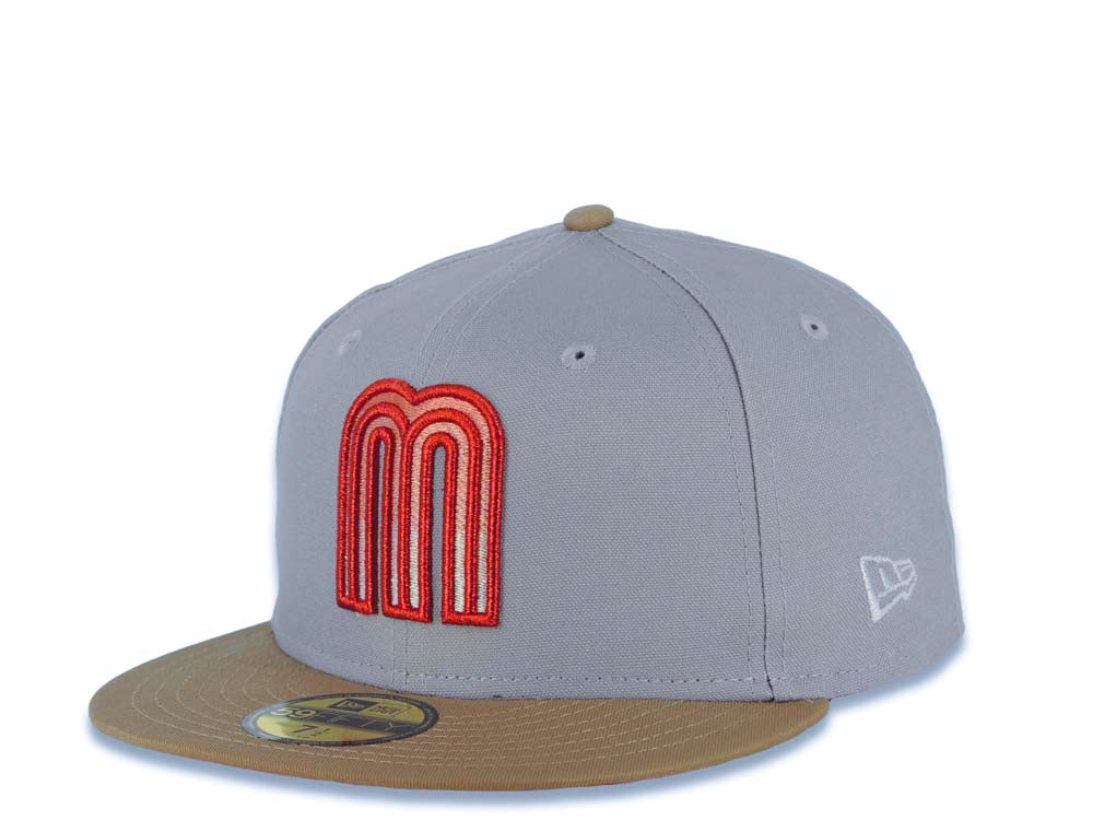 Mexico New Era WBC World Baseball Classic 59FIFTY 5950 Fitted Cap Hat Gray Crown Khaki Visor Metallic Red/Pink/White Gradient Logo Mexico Flag Side Patch