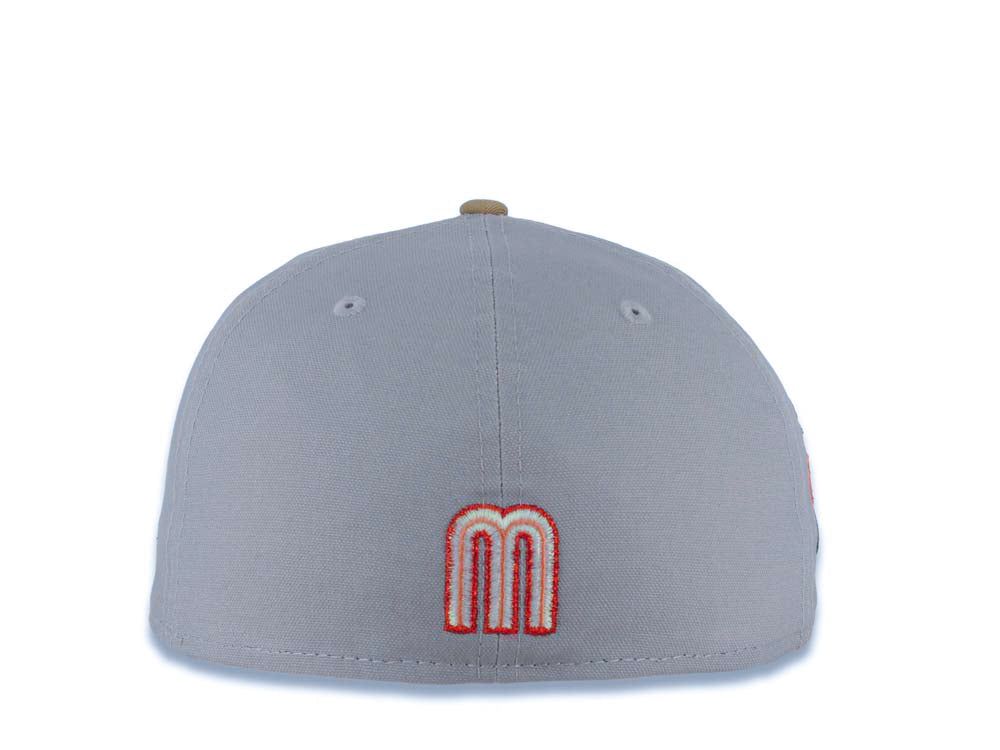 Mexico New Era WBC World Baseball Classic 59FIFTY 5950 Fitted Cap Hat Gray Crown Khaki Visor Metallic Red/Pink/White Gradient Logo Mexico Flag Side Patch