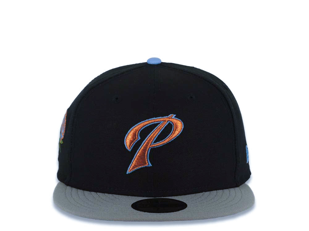 San Diego Padres New Era MLB 59FIFTY 5950 Fitted Cap Hat Black Crown Gray Visor Metallic Brown/Sky Blue Logo Rose Side Patch Sky Blue UV