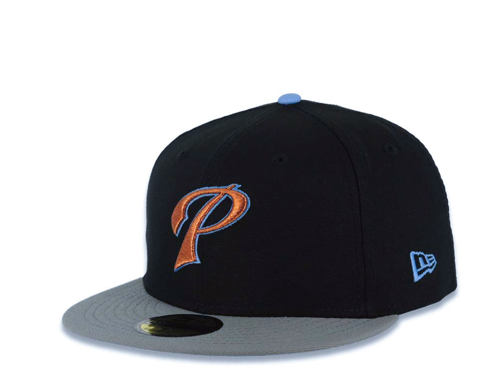 San Diego Padres New Era MLB 59FIFTY 5950 Fitted Cap Hat Black Crown Gray Visor Metallic Brown/Sky Blue Logo Rose Side Patch Sky Blue UV