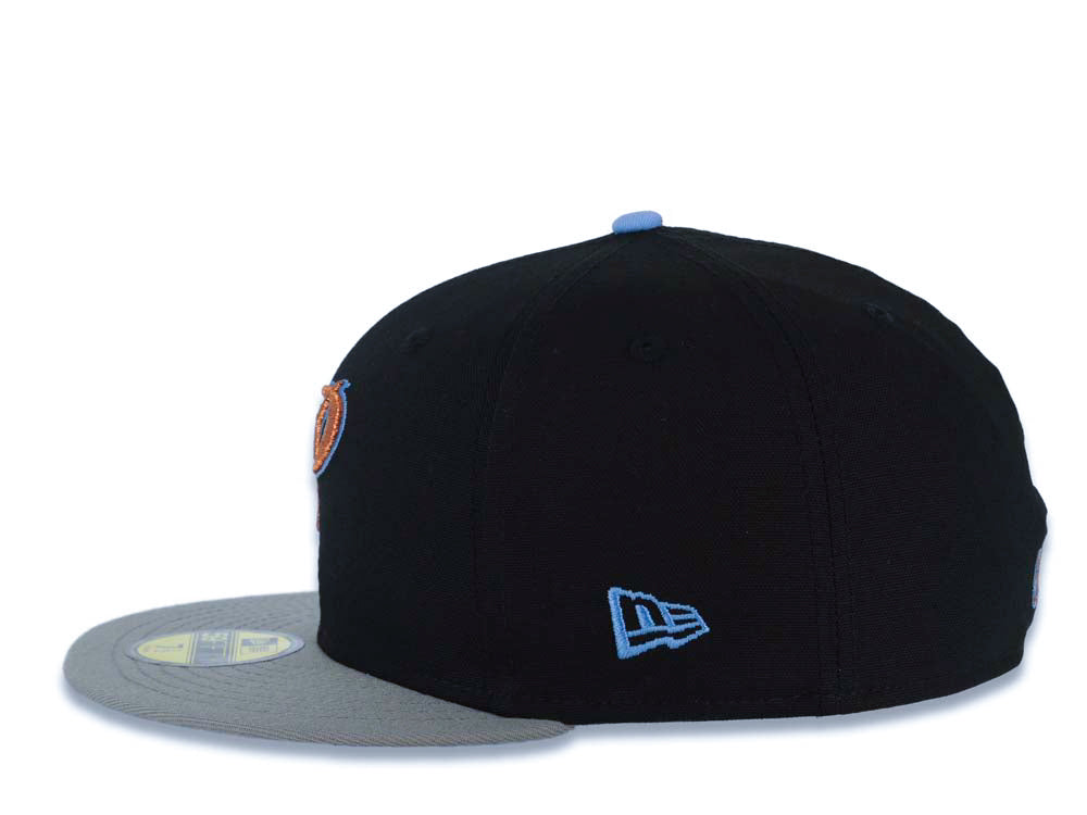 San Diego Padres New Era MLB 59FIFTY 5950 Fitted Cap Hat Black Crown Gray Visor Metallic Brown/Sky Blue Logo Rose Side Patch Sky Blue UV