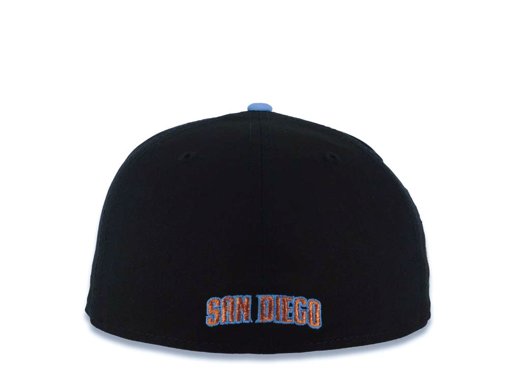 San Diego Padres New Era MLB 59FIFTY 5950 Fitted Cap Hat Black Crown Gray Visor Metallic Brown/Sky Blue Logo Rose Side Patch Sky Blue UV