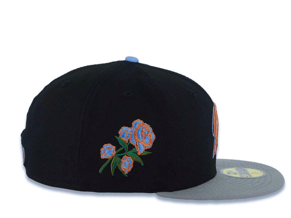 San Diego Padres New Era MLB 59FIFTY 5950 Fitted Cap Hat Black Crown Gray Visor Metallic Brown/Sky Blue Logo Rose Side Patch Sky Blue UV