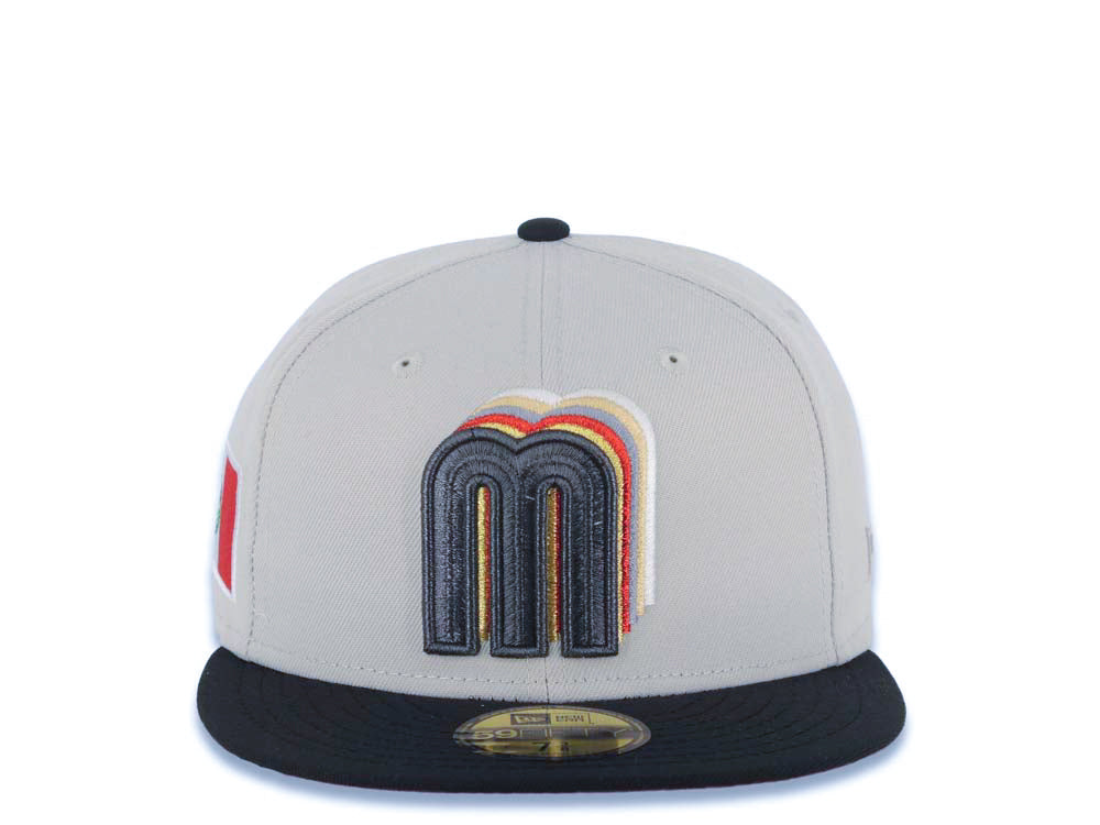 Mexico New Era WBC 59FIFTY 5950 Fitted Cap Hat Stone Crown Black Visor Metallic Black/Gold Staggered Logo Mexico Flag Side Patch Red UV