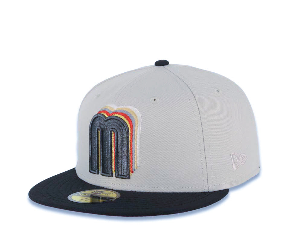 Mexico New Era WBC 59FIFTY 5950 Fitted Cap Hat Stone Crown Black Visor Metallic Black/Gold Staggered Logo Mexico Flag Side Patch Red UV