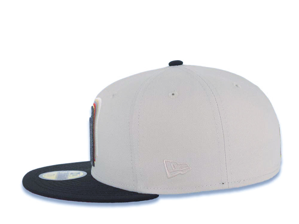 Mexico New Era WBC 59FIFTY 5950 Fitted Cap Hat Stone Crown Black Visor Metallic Black/Gold Staggered Logo Mexico Flag Side Patch Red UV