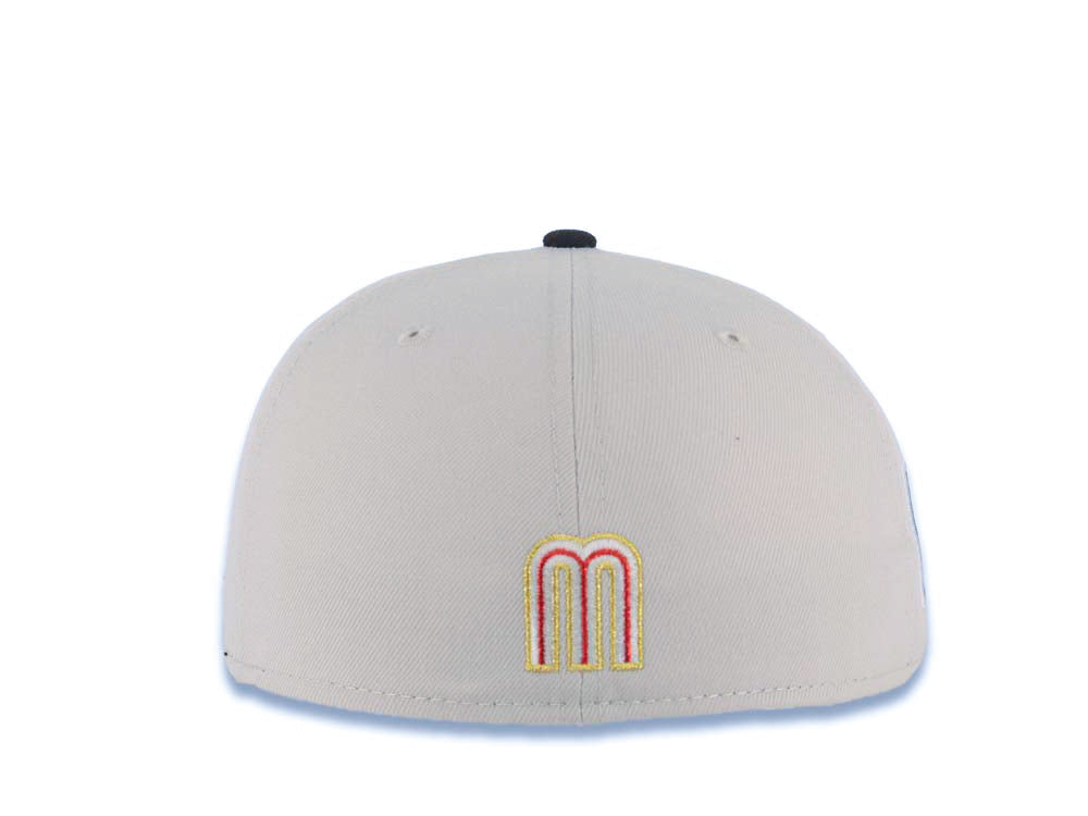 Mexico New Era WBC 59FIFTY 5950 Fitted Cap Hat Stone Crown Black Visor Metallic Black/Gold Staggered Logo Mexico Flag Side Patch Red UV