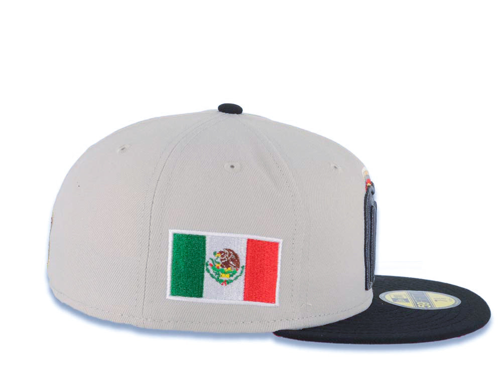 Mexico New Era WBC 59FIFTY 5950 Fitted Cap Hat Stone Crown Black Visor Metallic Black/Gold Staggered Logo Mexico Flag Side Patch Red UV