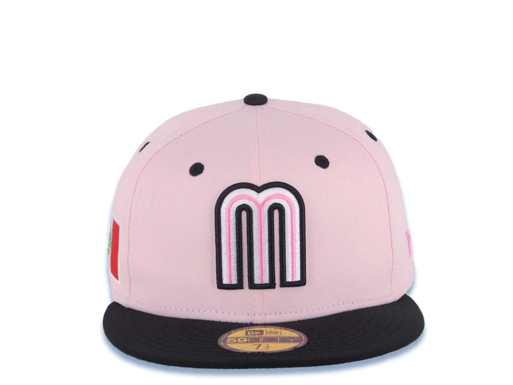 Mexico New Era WBC World Baseball Classic 59FIFTY 5950 Fitted Cap Hat Pink Crown Black Visor White/Dark Pink/Black Logo Mexico Flag Side Patch Green UV