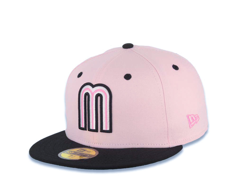 Mexico New Era WBC World Baseball Classic 59FIFTY 5950 Fitted Cap Hat Pink Crown Black Visor White/Dark Pink/Black Logo Mexico Flag Side Patch Green UV