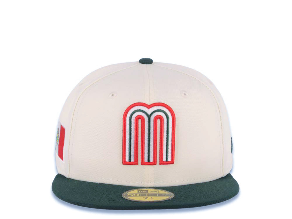 Mexico New Era WBC World Baseball Classic 59FIFTY 5950 Fitted Cap Hat Cream Crown Dark Green Visor White/Dark Green/Red Logo Mexico Flag Side Patch